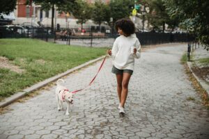 An image of a young adult holding a coffee while out for a walk with their dog.